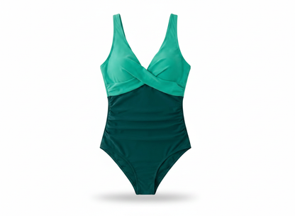 Eomenie Women’s Ruched Tummy Control One-Piece Swimsuit  Color Block Green Size X-Large
