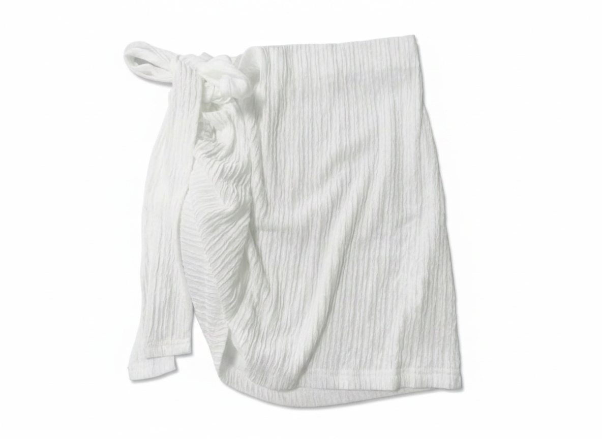 Women's Textured Asymmetrical Shoulder Crop Top & High Waist Tie Waist Mini Skirt Set White Size Medium - Open package