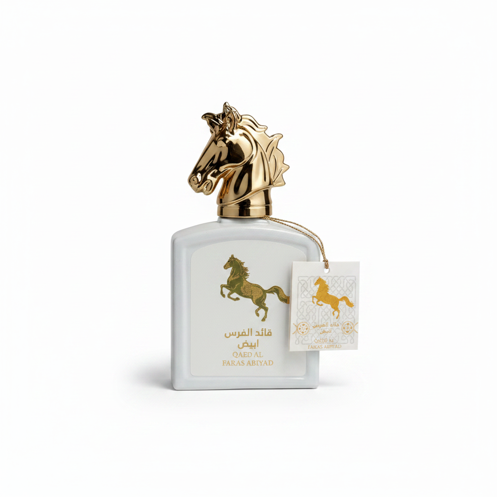 Qaed Al Faras white eau de parfum bottle gold horse head cap emblem