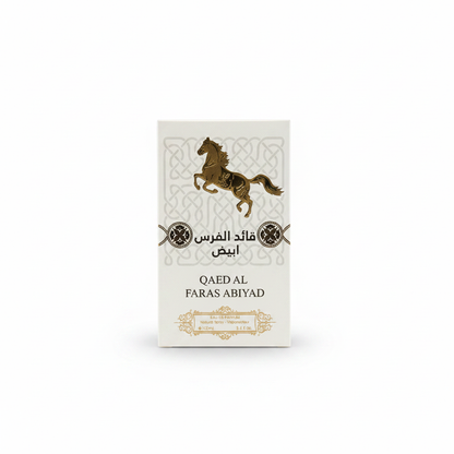 Qaed Al Faras white eau de parfum bottle gold horse head cap emblem