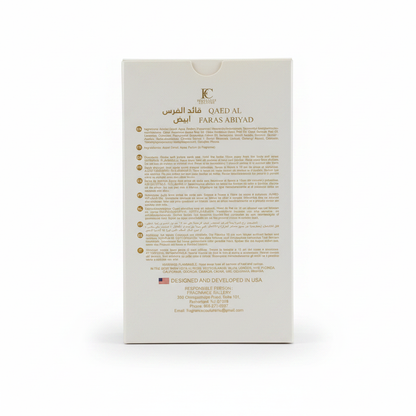 Qaed Al Faras white eau de parfum bottle gold horse head cap emblem