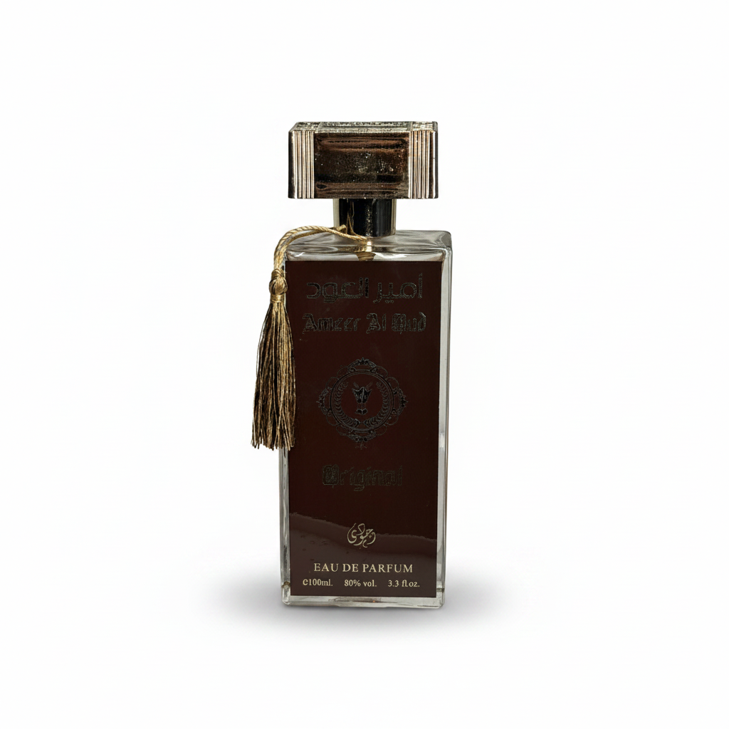 Ameer Al Oud beige bottle brown gold tassel square cap elegant design