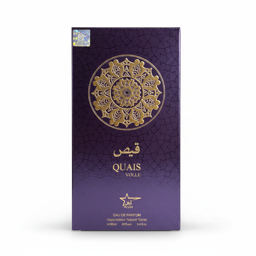 Quais Volle purple eau de parfum bottle gold cap intricate design elegant packaging