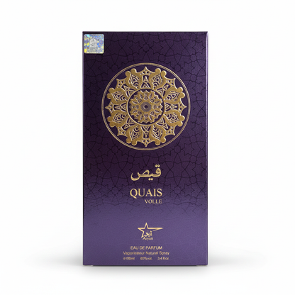 Quais Volle purple eau de parfum bottle gold cap intricate design elegant packaging