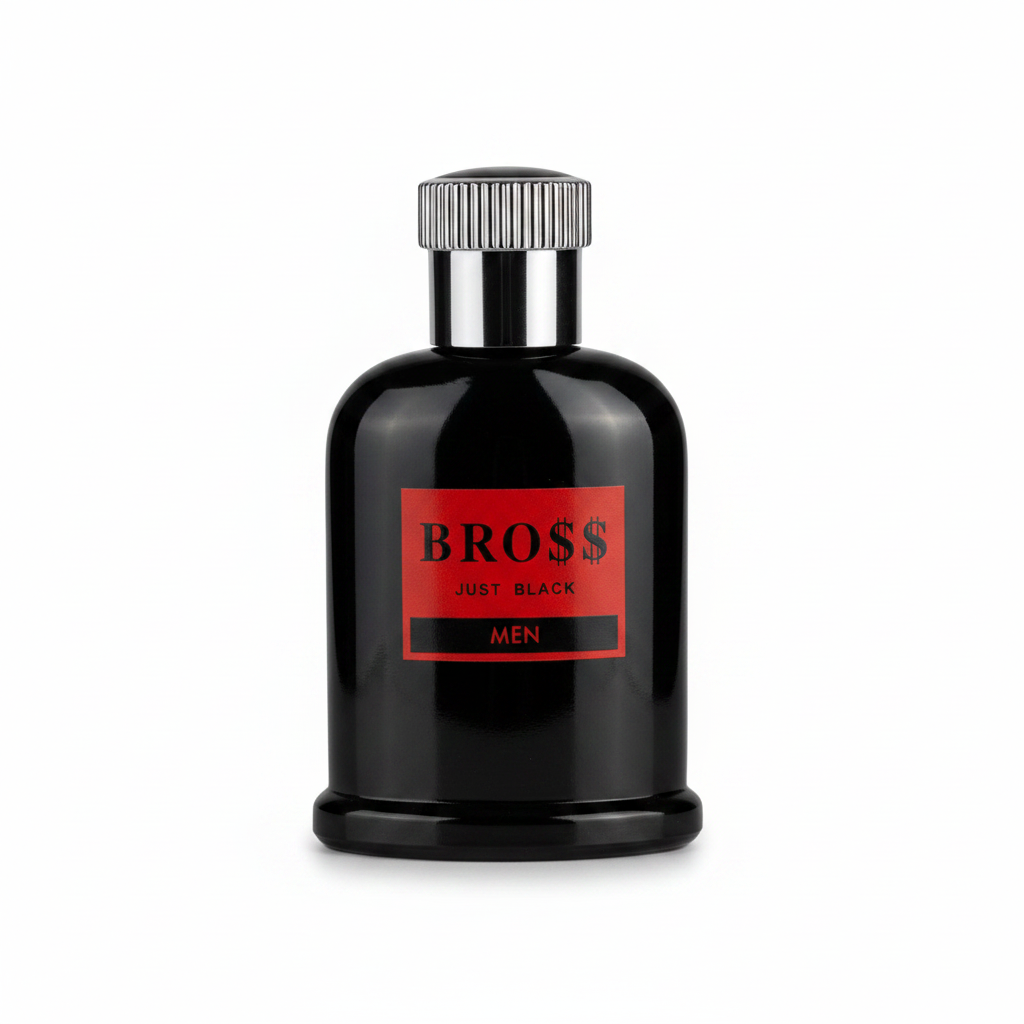 BRO$$ Just Black perfume black bottle with bold red label and original box.
