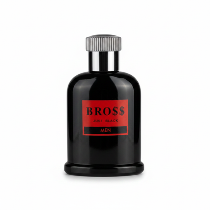 BRO$$ Just Black perfume black bottle with bold red label and original box.