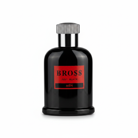 BRO$$ Just Black perfume black bottle with bold red label and original box.
