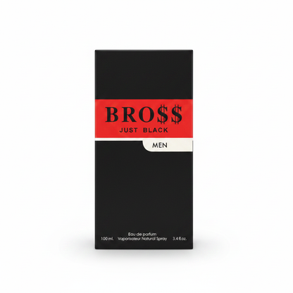 BRO$$ Just Black perfume black bottle with bold red label and original box.