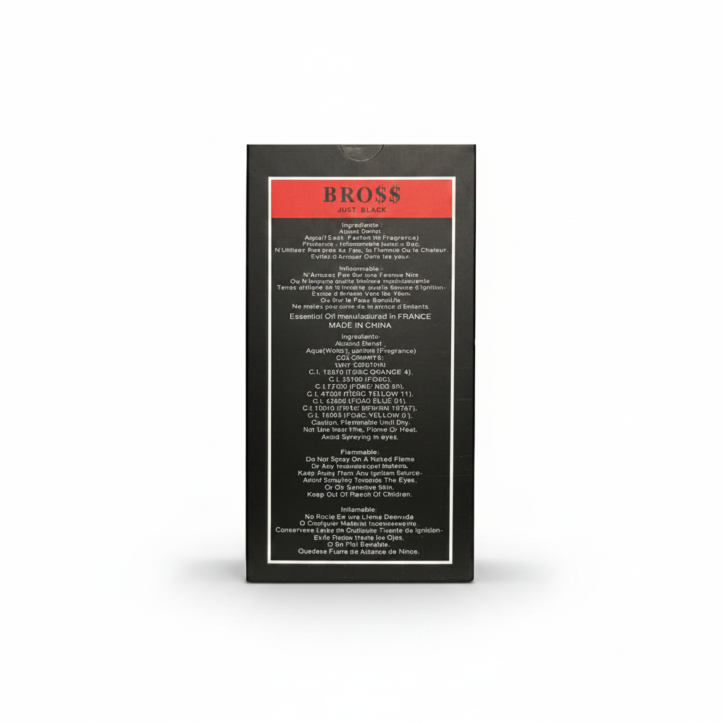 BRO$$ Just Black perfume black bottle with bold red label and original box.