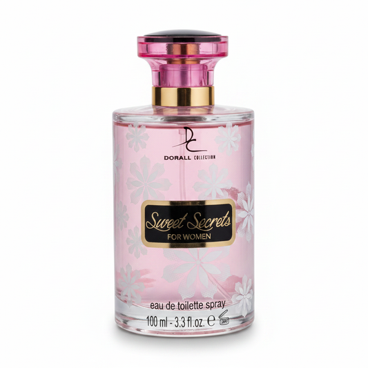 Dorall Collection pink perfume bottle with floral accents and gold cap