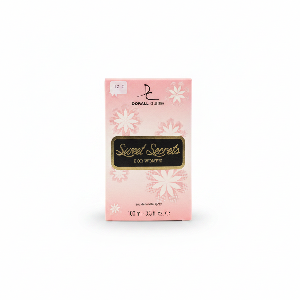 Dorall Collection pink perfume bottle with floral accents and gold cap