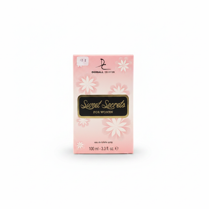 Dorall Collection pink perfume bottle with floral accents and gold cap