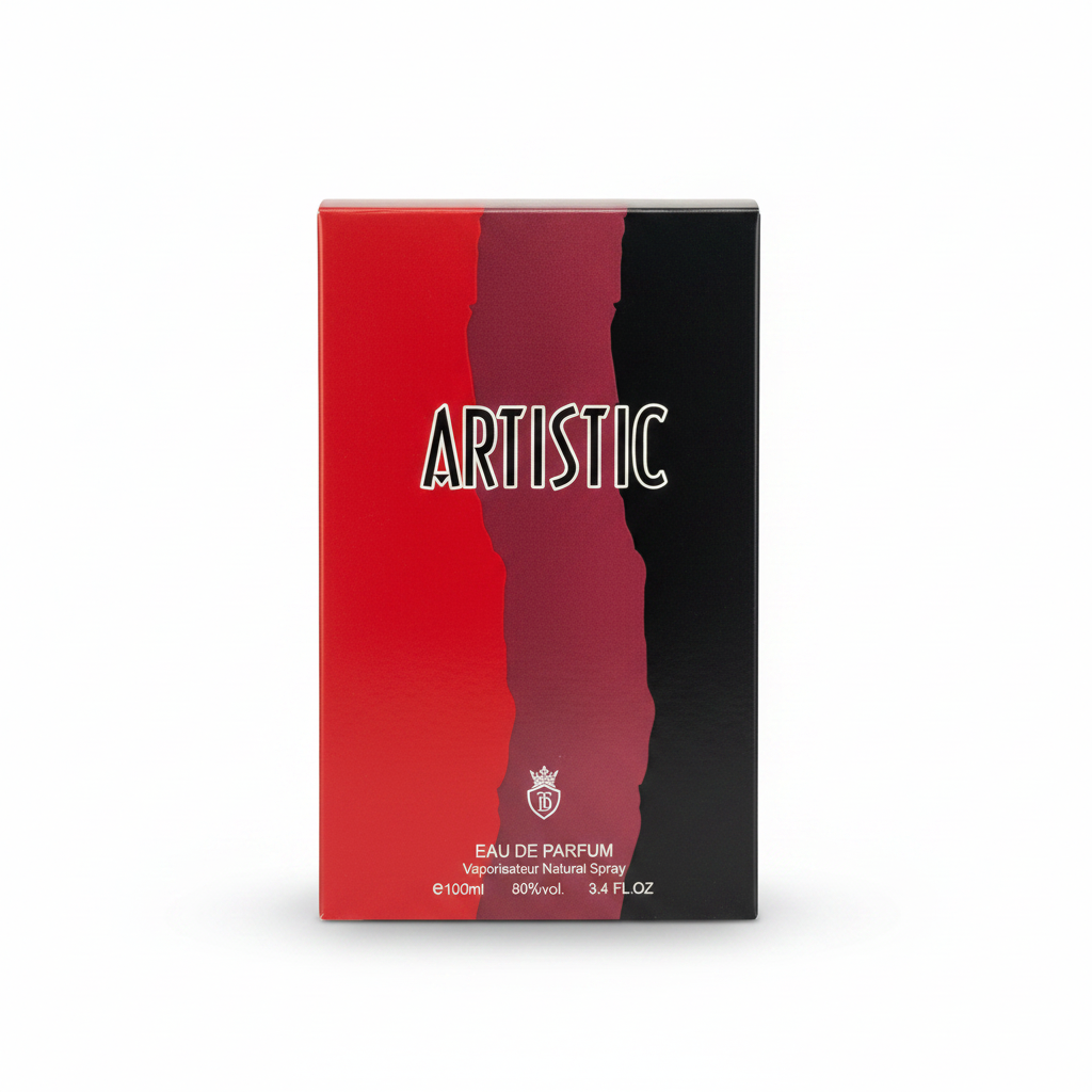 Artistic red perfume bottle with elegant design and original box, 100ml.