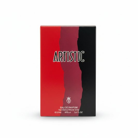 Artistic red perfume bottle with elegant design and original box, 100ml.