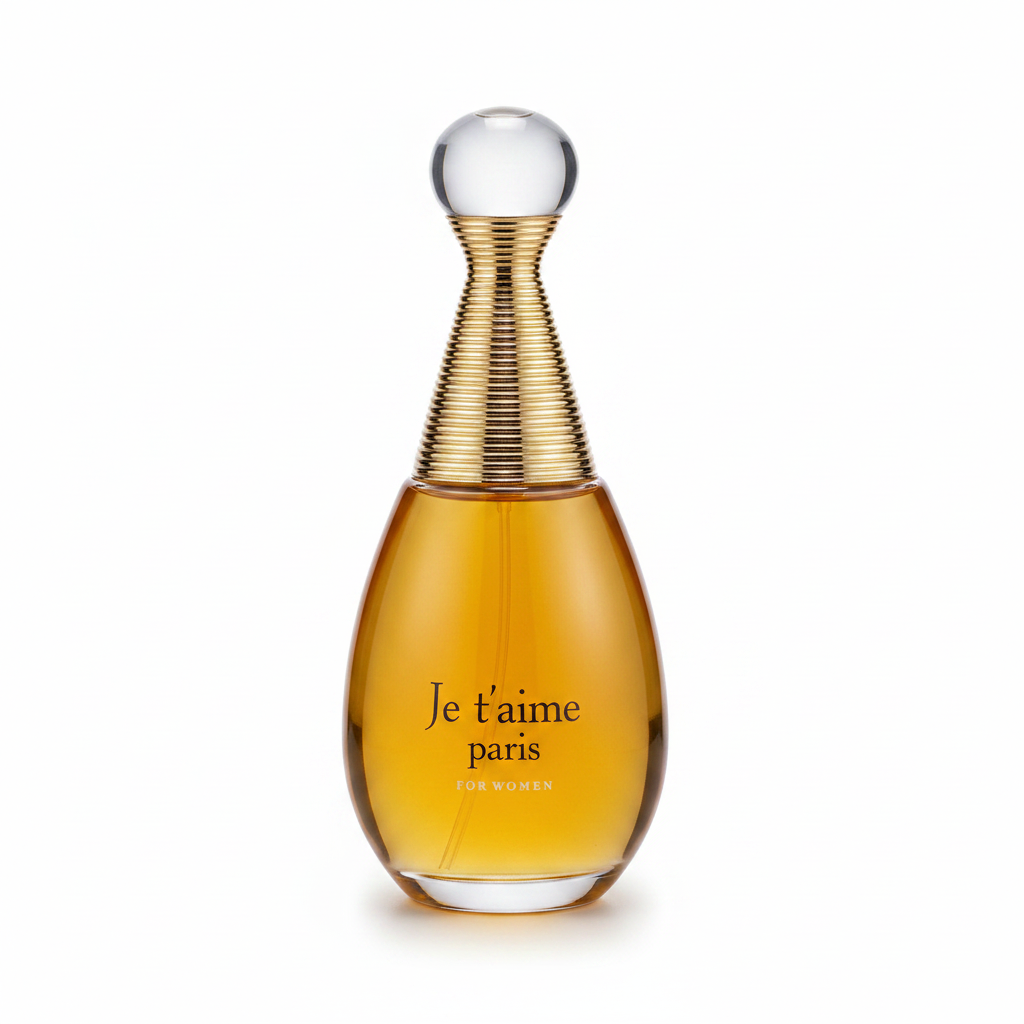 Je t'aime Paris gold clear glass perfume bottle with gold-tone neck and round cap