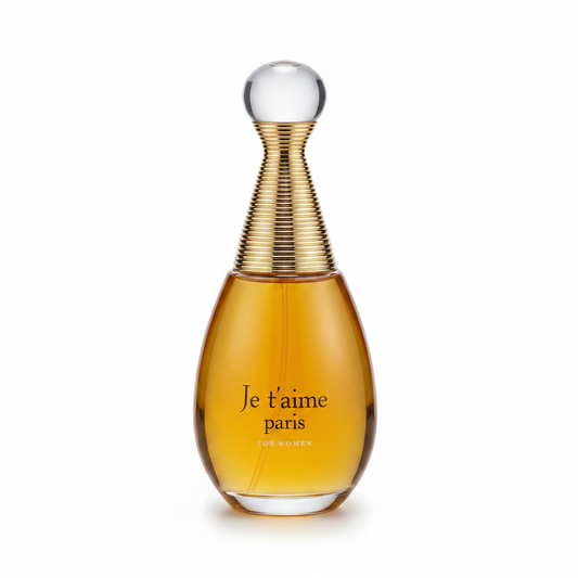 Je t'aime Paris gold clear glass perfume bottle with gold-tone neck and round cap