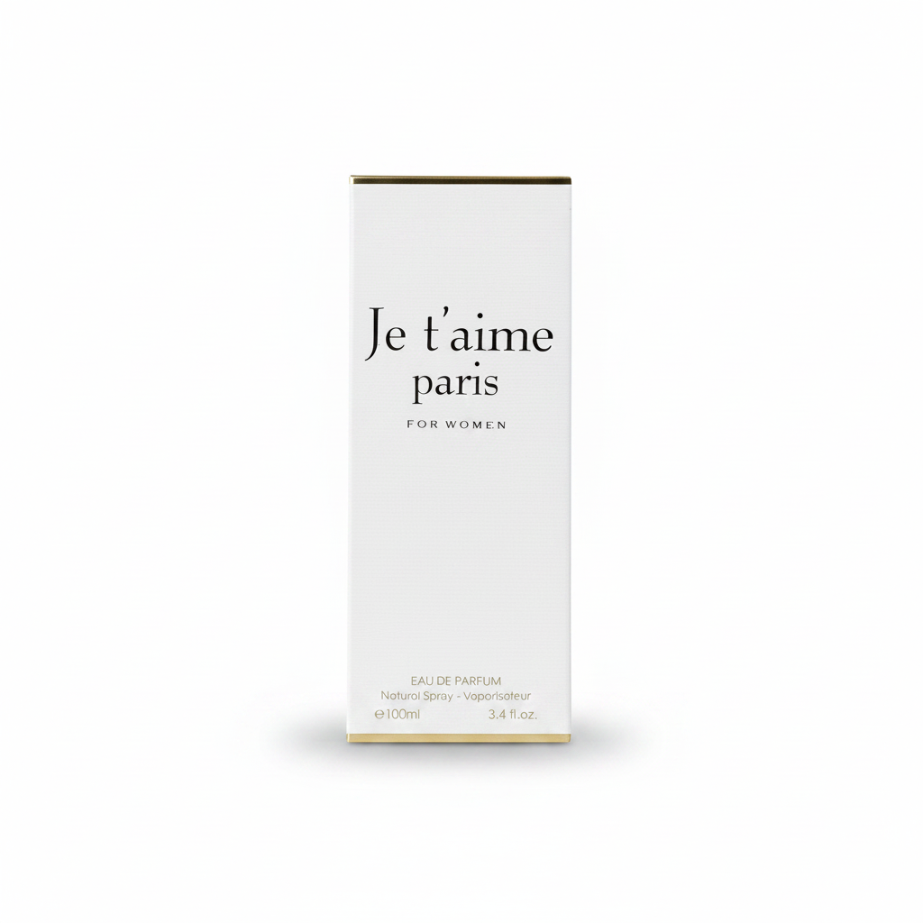 Je t'aime Paris gold clear glass perfume bottle with gold-tone neck and round cap