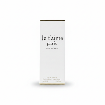 Je t'aime Paris gold clear glass perfume bottle with gold-tone neck and round cap