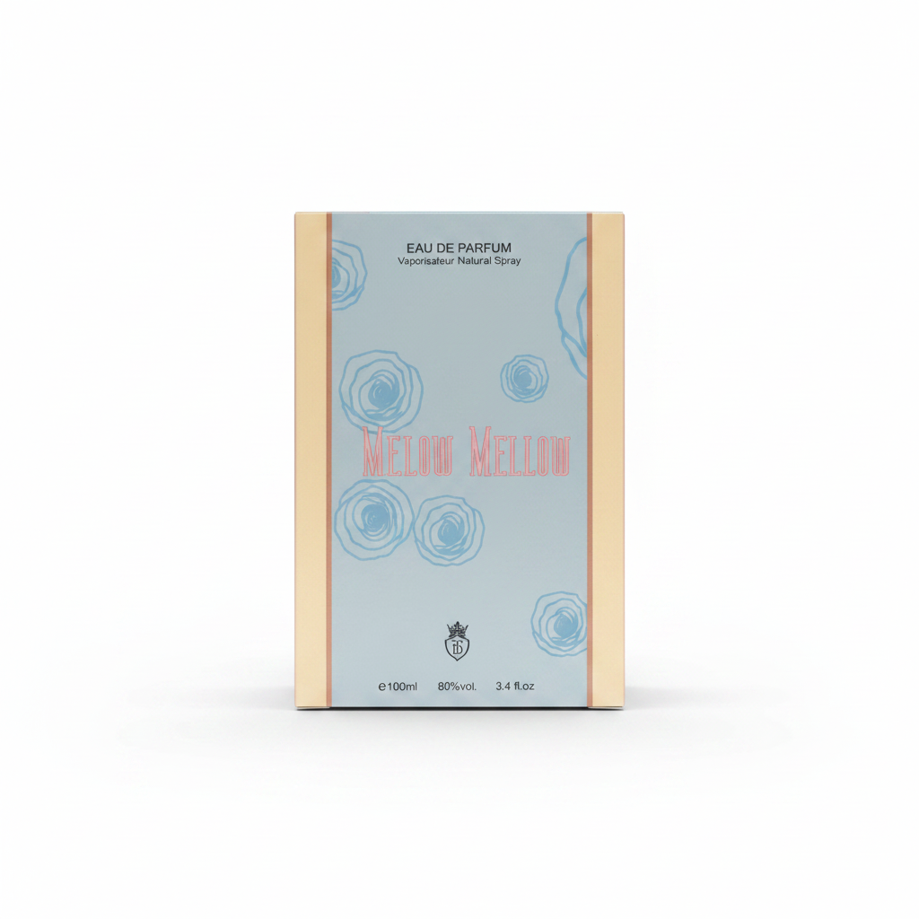 Mellow Mellow beige and blue perfume bottle with floral patterns and brand logo.