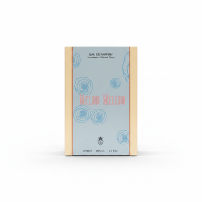 Mellow Mellow beige and blue perfume bottle with floral patterns and brand logo.