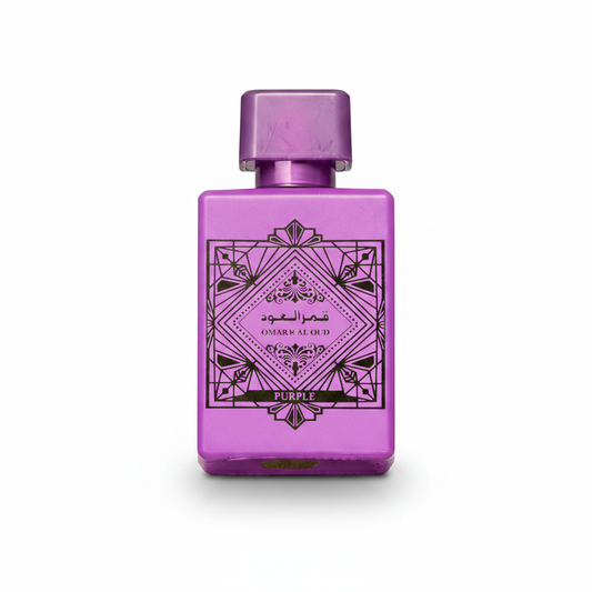Omar Al Oud purple eau de parfum bottle with black and gold detailing