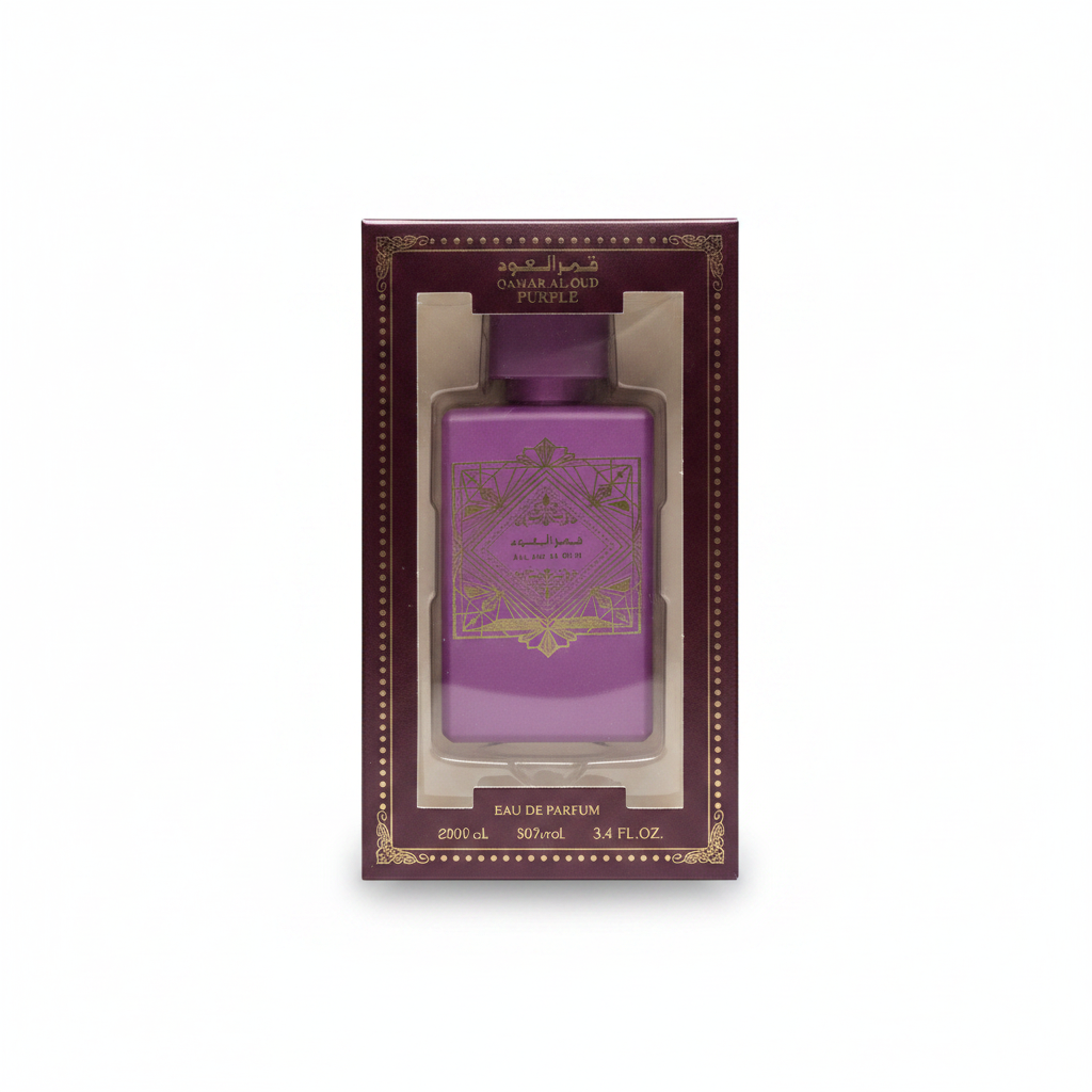 Omar Al Oud purple eau de parfum bottle with black and gold detailing