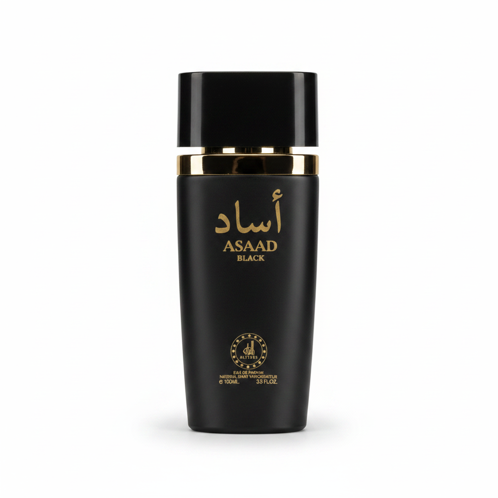 Asaad black eau de parfum bottle gold accents elegant design luxury香水描述中的文字较多涉及抽象概念，因此Alt文本主要聚焦于可视觉化的元素。这里强调的是外观设计和颜色搭配：“Asaad black perfume bottle with gold accents and elegant design”