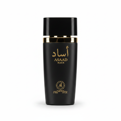 Asaad black eau de parfum bottle gold accents elegant design luxury香水描述中的文字较多涉及抽象概念，因此Alt文本主要聚焦于可视觉化的元素。这里强调的是外观设计和颜色搭配：“Asaad black perfume bottle with gold accents and elegant design”