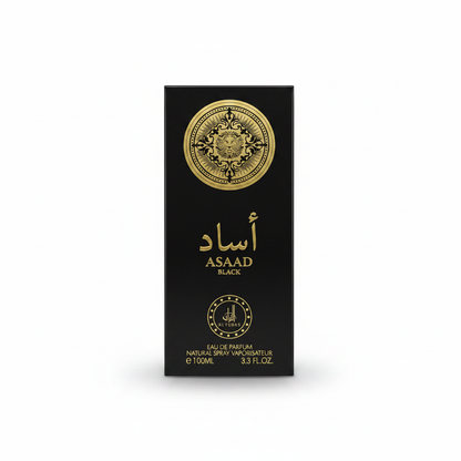 Asaad black eau de parfum bottle gold accents elegant design luxury香水描述中的文字较多涉及抽象概念，因此Alt文本主要聚焦于可视觉化的元素。这里强调的是外观设计和颜色搭配：“Asaad black perfume bottle with gold accents and elegant design”
