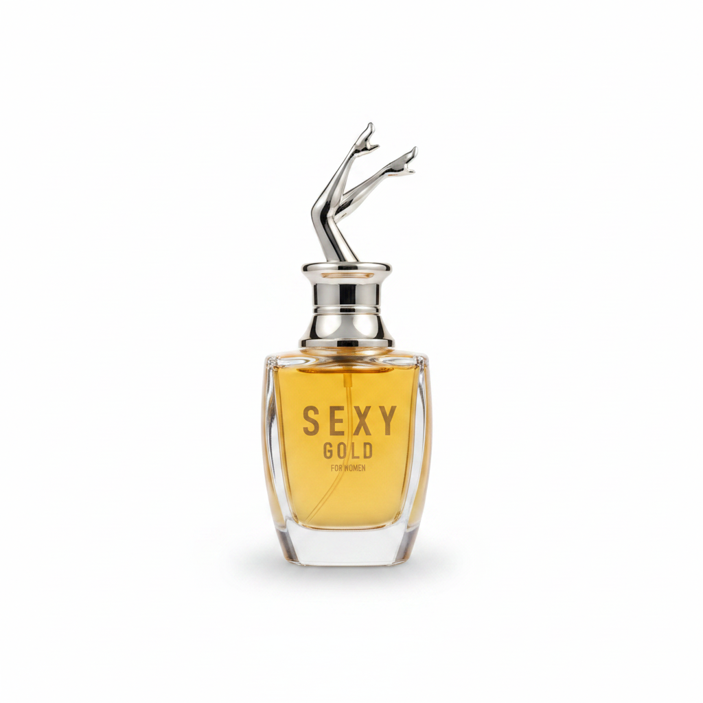 Sexy Gold women's eau de parfum gold hue with silver leg bottle cap design
