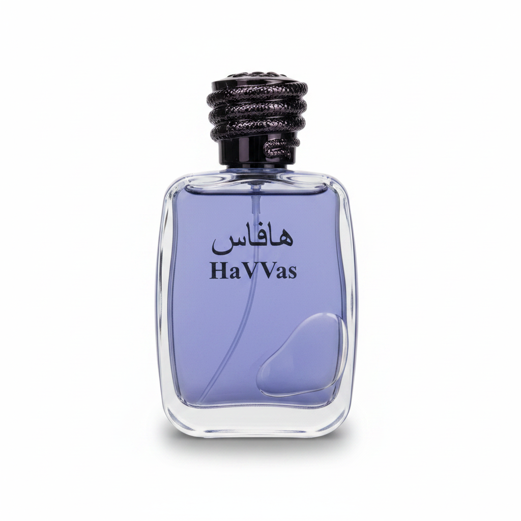 HaVvas blue perfume 100ml clear glass bottle with textured dark cap