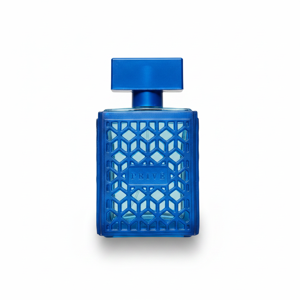 Prive blue perfume bottle with geometric casing and original packaging details.