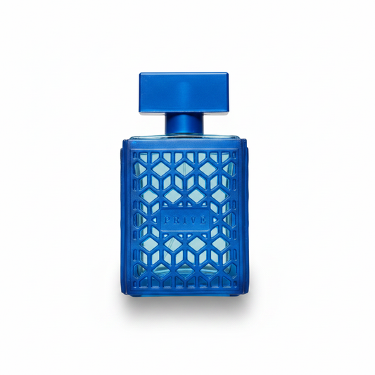 Prive blue perfume bottle with geometric casing and original packaging details.
