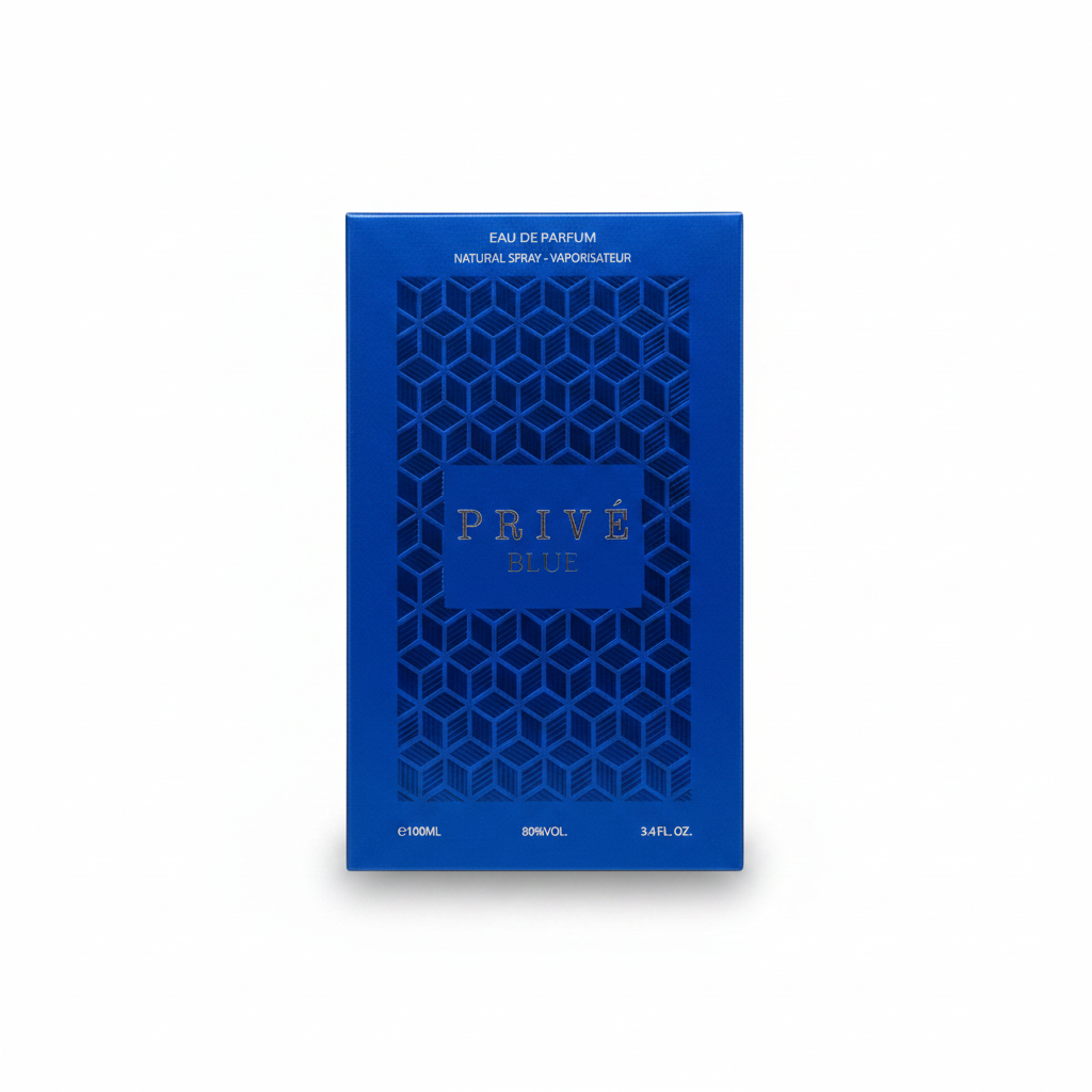 Prive blue perfume bottle with geometric casing and original packaging details.