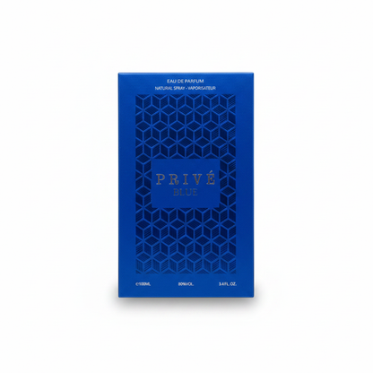 Prive blue perfume bottle with geometric casing and original packaging details.