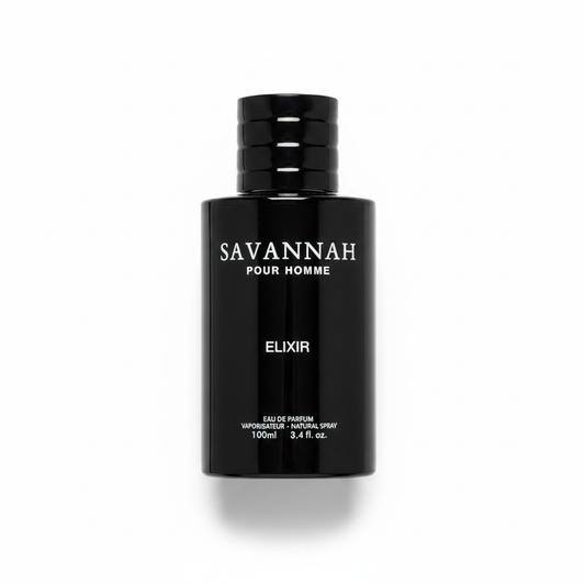 Savannah black perfume bottle with modern design and 100ml capacity.