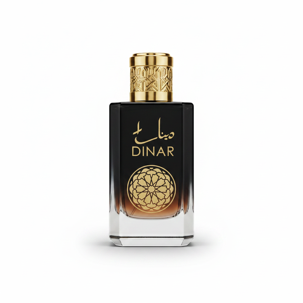 Dubai Essence black and gold perfume bottle with intricate design and luxury gold cap.