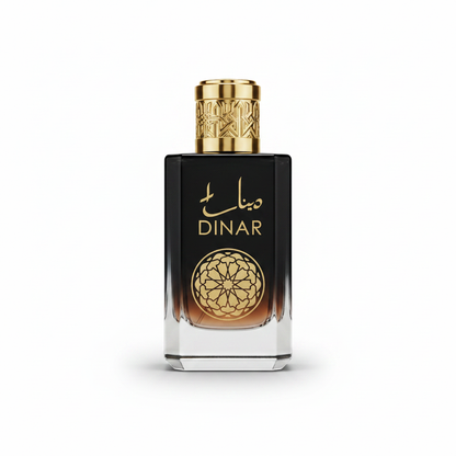 Dubai Essence black and gold perfume bottle with intricate design and luxury gold cap.