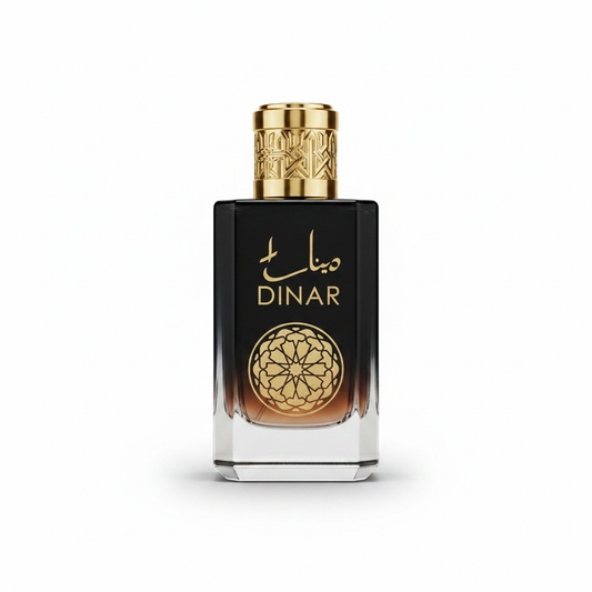 Dubai Essence black and gold perfume bottle with intricate design and luxury gold cap.