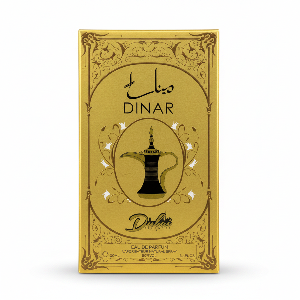 Dubai Essence black and gold perfume bottle with intricate design and luxury gold cap.