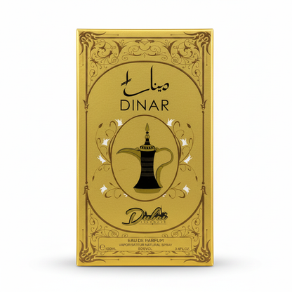 Dubai Essence black and gold perfume bottle with intricate design and luxury gold cap.