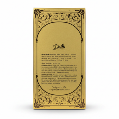 Dubai Essence black and gold perfume bottle with intricate design and luxury gold cap.